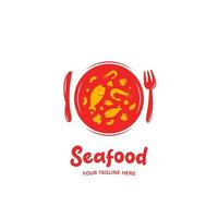 logo de restauration de restaurant de fruits de mer avec poisson, champignon, crevette, fourchette et couteau sur l'illustration du symbole de l'icône de la plaque vecteur