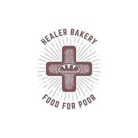 insigne de logo de boulangerie guérisseur. dessin à la main vintage création de logo social barbe baguette vecteur