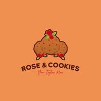 illustration de l'icône du logo rose et biscuits de trois délicieux biscuits à la fleur de rose rouge fraîche vecteur