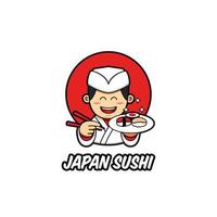 le logo de sushi du japon avec le personnage de mascotte du chef japonais porte des vêtements de chef blancs traditionnels apporte des sush sur l'assiette et des baguettes en style cartoon vecteur