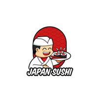 la mascotte du logo de sushi du japon avec le personnage de chef japonais traditionnel apporte des sushis sur une assiette, un logo de dessin animé unique et mignon avec un motif de fond traditionnel d'asie vecteur
