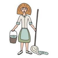 une jeune femme doodle dans un tablier lave les sols. vecteur