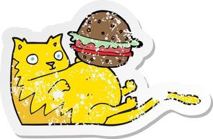 autocollant rétro en détresse d'un gros chat de dessin animé avec burger vecteur