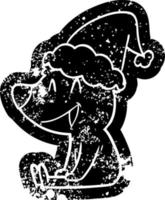 dessin animé ours assis icône en détresse d'un bonnet de noel vecteur