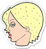 autocollant d'un visage féminin de dessin animé avec des yeux rétrécis vecteur