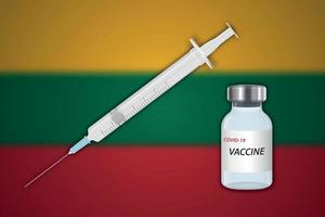 seringue et flacon de vaccin sur fond flou avec le drapeau de la lituanie vecteur