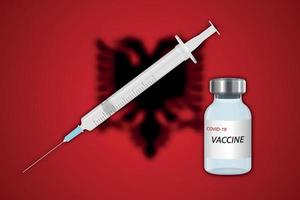 seringue et flacon de vaccin sur fond flou avec drapeau albanie, vecteur