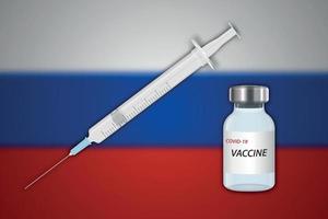 seringue et flacon de vaccin sur fond flou avec le drapeau de la russie vecteur