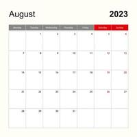 modèle de calendrier mural pour août 2023. planificateur de vacances et d'événements, la semaine commence le lundi. vecteur