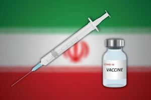 Seringue et flacon de vaccin sur fond flou avec drapeau iranien vecteur