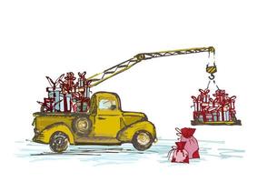 carte festive du nouvel an 2018. Camion grue jaune avec des cadeaux de Noël isolé sur fond blanc vecteur