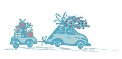 carte de voeux avec arbre de noël sur le toit de la voiture et remorque de voiture avec des cadeaux de noël. vecteur