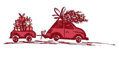 carte de voeux avec arbre de noël sur le toit de la voiture et remorque de voiture avec des cadeaux de noël. vecteur