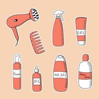 prêts à imprimer des autocollants d'articles de soins capillaires dans un style doodle. illustration vectorielle pour l'emballage de coiffure vecteur