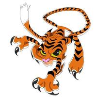 journée internationale du tigre. gros chat à l'attaque. l'illustration vectorielle est représentée dans un style dessin animé sur fond bleu. vecteur