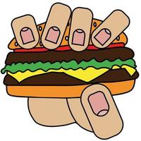 main tenant un hamburger, isolé sur fond blanc en style cartoon en graphique vectoriel