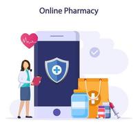 illustration vectorielle du magasin de pharmacie en ligne. application mobile de commande de médicaments. vecteur
