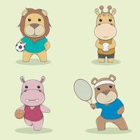 une collection de personnages de dessins animés sportifs mignons, de footballeurs lions, de girafes jouant au volley-ball, d'hippopotames jouant au basket-ball et d'ours jouant au tennis vecteur