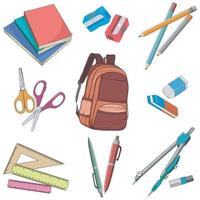 illustration vectorielle de retour à l'école et différents équipements. fournitures scolaires de retour à l'école dans de grands ensembles de sacs d'école. vecteur