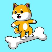 mignon chien shiba inu surfant avec illustration d'icône de vecteur de dessin animé d'os. concept de dessin animé plat