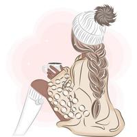 fille à la mode en chapeau d'hiver et tasse vue arrière illustration vectorielle d'impression vecteur