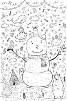 bonhomme de neige et animaux magiques dans un style doodle vecteur