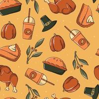 modèle sans couture de thanksgiving avec doodles sur fond orange. bon pour les impressions textiles, les affiches, le papier d'emballage, le scrapbooking, la papeterie, l'emballage, le papier peint, etc. eps 10 vecteur