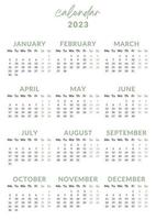 Illustration de l'année civile 2023. la semaine commence le lundi. modèle de calendrier annuel 2023. conception de calendrier dans les couleurs vertes et noires, vacances dans les couleurs vertes. vecteur