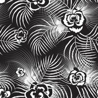 motif tropical abstrait vintage sans couture avec feuilles de palmier blanc noir et feuillage de plantes fleurs sur fond de nuit. fond fleuri. papier peint exotique. imprimé hawaii d'été à la mode. décor naturel vecteur