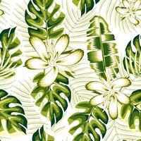 modèle sans couture de plante tropicale d'été vert avec feuilles de palmier bananier et feuillage de plantes monstère sur fond clair. dessin de fleurs d'hibiscus vert. texture à la mode. jungle. fond floral vecteur