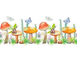 bordure transparente avec champignons, herbe et baies, aquarelle vecteur