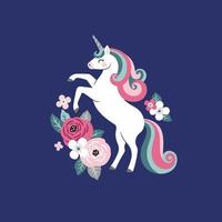 licorne mignonne avec des fleurs vintage sur fond bleu foncé. parfait pour le logo de tee-shirt, la carte de voeux, l'affiche, l'invitation ou la conception de pépinière imprimée. vecteur