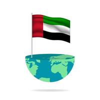 mât de drapeau des émirats arabes unis sur le globe. drapeau flottant dans le monde entier. édition facile et vecteur en groupes. illustration vectorielle de drapeau national sur fond blanc.