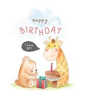 carte de joyeux anniversaire avec illustration d'amis d'animaux de dessin animé mignon vecteur