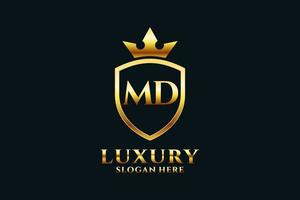 logo monogramme de luxe élégant initial md ou modèle de badge avec volutes et couronne royale - parfait pour les projets de marque de luxe vecteur