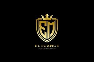 logo monogramme de luxe élégant initial em ou modèle de badge avec volutes et couronne royale - parfait pour les projets de marque de luxe vecteur