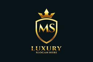 logo monogramme de luxe élégant initial ms ou modèle de badge avec volutes et couronne royale - parfait pour les projets de marque de luxe vecteur