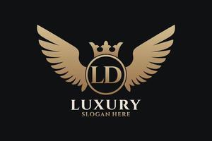 lettre d'aile royale de luxe ld crête or couleur logo vecteur, logo de victoire, logo de crête, logo d'aile, modèle de logo vectoriel. vecteur
