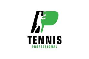 lettre p avec création de logo de silhouette de joueur de tennis. éléments de modèle de conception de vecteur pour l'équipe sportive ou l'identité d'entreprise.