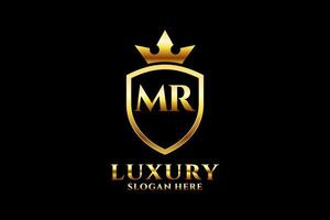 logo monogramme de luxe élégant mr initial ou modèle de badge avec volutes et couronne royale - parfait pour les projets de marque de luxe vecteur