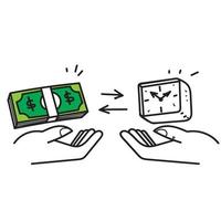 doodle dessiné à la main échange de l'argent pour le concept de temps vecteur