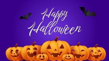 joyeux halloween bannière violette, modèle ou arrière-plan d'invitation à une fête avec jack o lantern sculpture visage mignon citrouilles et chauves-souris. Fond d'écran de citrouille réaliste d'illustration vectorielle 3d. vecteur