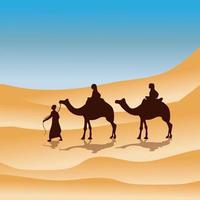 les cavaliers de chameau de caravane de silhouette font de la randonnée sous le soleil brûlant dans le désert avec un fond de montagne de sable. - vecteur.