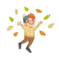 drôle de garçon au chapeau chaud saute dans la chute des feuilles. feuillage coloré autour de l'enfant. illustration d'automne confortable en style cartoon. vecteur