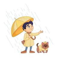 garçon avec un parapluie se tient sous la pluie. mignon chien animal de compagnie en imperméable jaune. illustration d'automne confortable en style cartoon. art vectoriel isolé sur fond blanc.