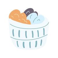 panier à linge avec des vêtements sales dans un style plat de dessin animé. illustration vectorielle de doodle dessinés à la main des articles ménagers. vecteur