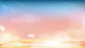 ciel avec des nuages moelleux couleur pastel en bleu, rose, jaune et orange le matin, ciel de coucher de soleil magique fantastique au printemps ou en été le soir, illustration vectorielle arrière-plan doux, bannière de la belle nature