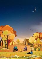camping de vacances en famille à la campagne en automne. personnes assises près d'un feu de camp s'amusant à parler ensemble, paysage vectoriel vertical arbre forestier d'automne la nuit avec croissant de lune, étoile sur ciel bleu foncé