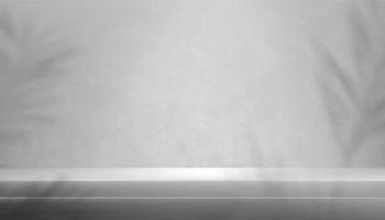 Affichage du podium 3d dans la salle de studio avec ciment de mur gris, arrière-plan gris texturé avec ombre de feuille de palmier, illustration vectorielle toile de fond de conception de loft de bannière en béton gris pour la présentation du produit vecteur