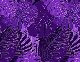 motif violet transparent avec monstera et feuilles de palmier. motif tropical à la mode moderne avec dégradé. illustration vectorielle. vecteur